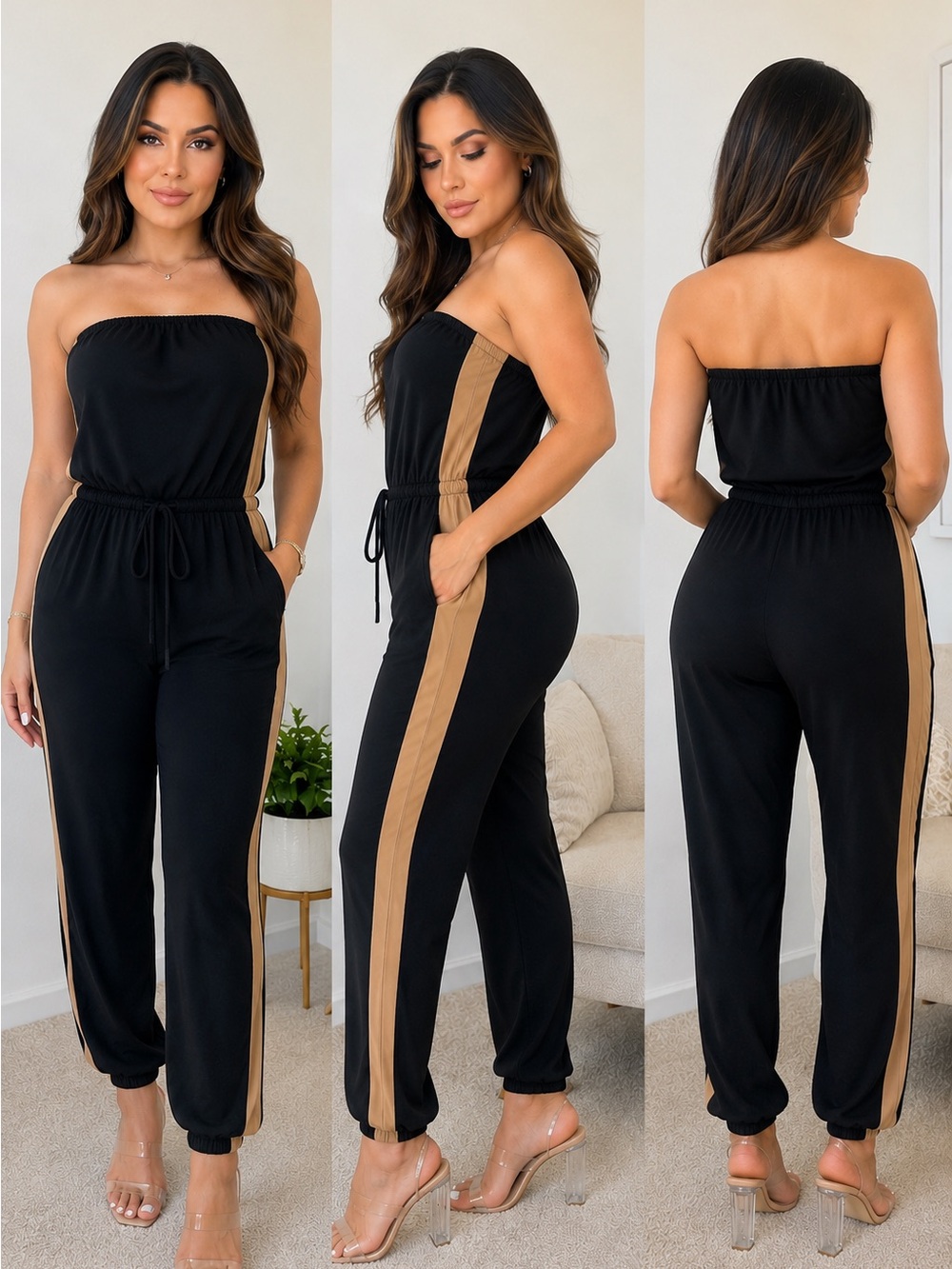 Express Strapless Black Jumpsuit Tan Side Stripe Size M